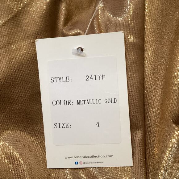 Rene Ruiz Metallic Gold One Shoulder Ruched Midi Cocktail Dress 4 NWT - Picture 10 of 10